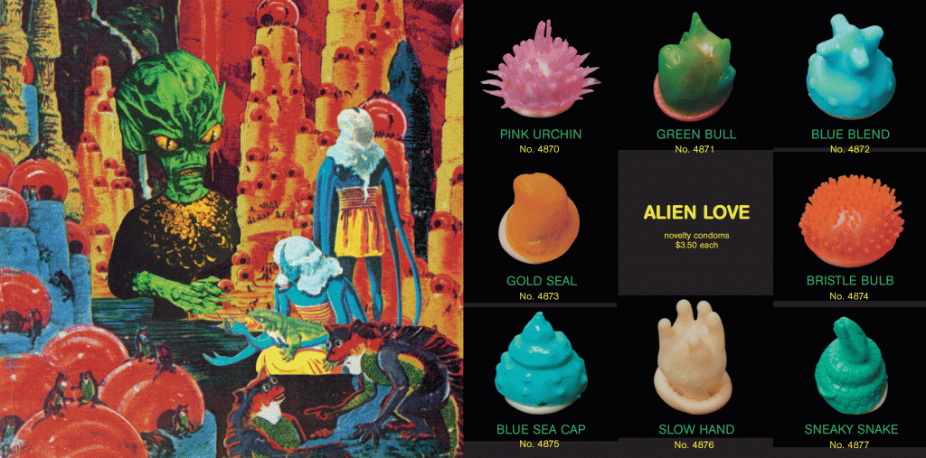 Sci-fi inspired novelty condoms and collage illustration.